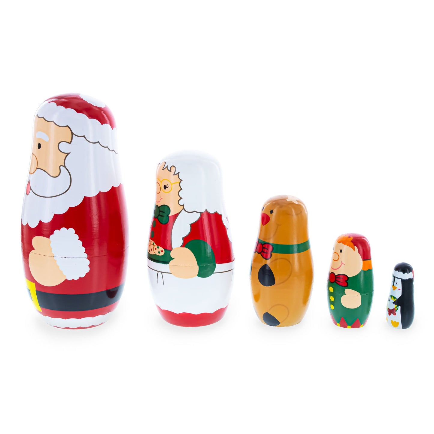 Santa, Mrs. Claus, Reindeer, Elf Wooden Nesting Dolls 6 Inches