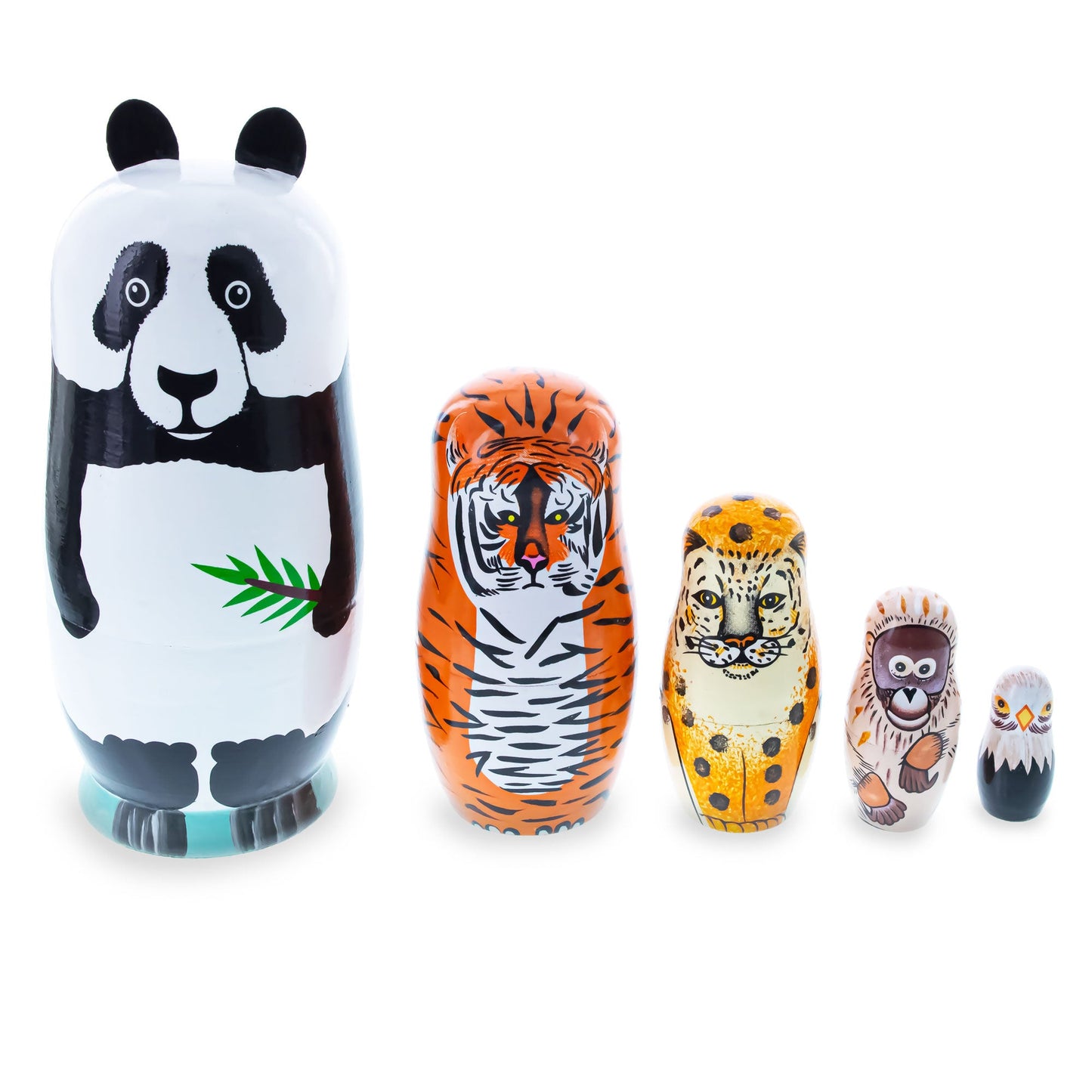 Panda, Tiger, Leopard, Monkey, Eagle Wooden Nesting Dolls