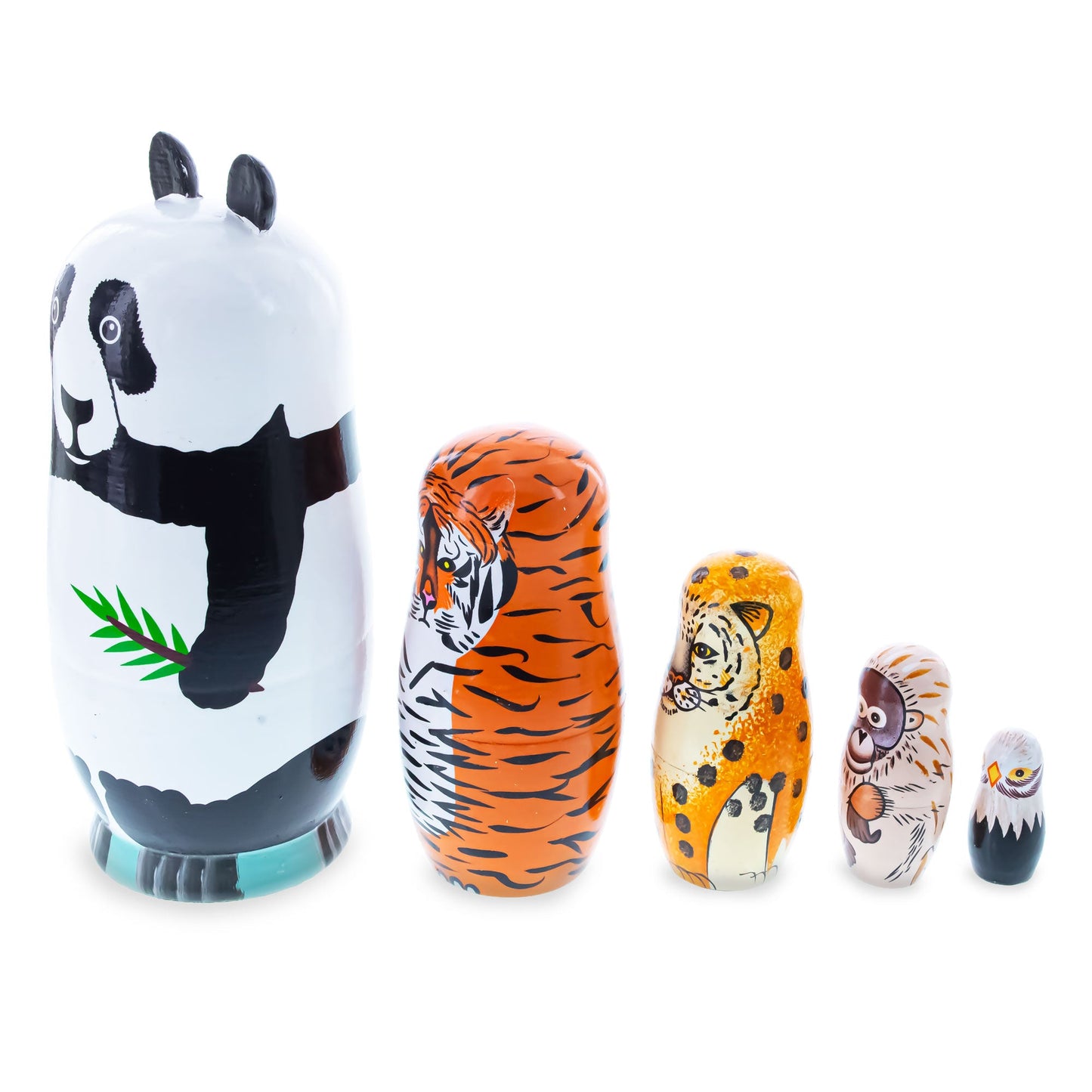 Panda, Tiger, Leopard, Monkey, Eagle Wooden Nesting Dolls