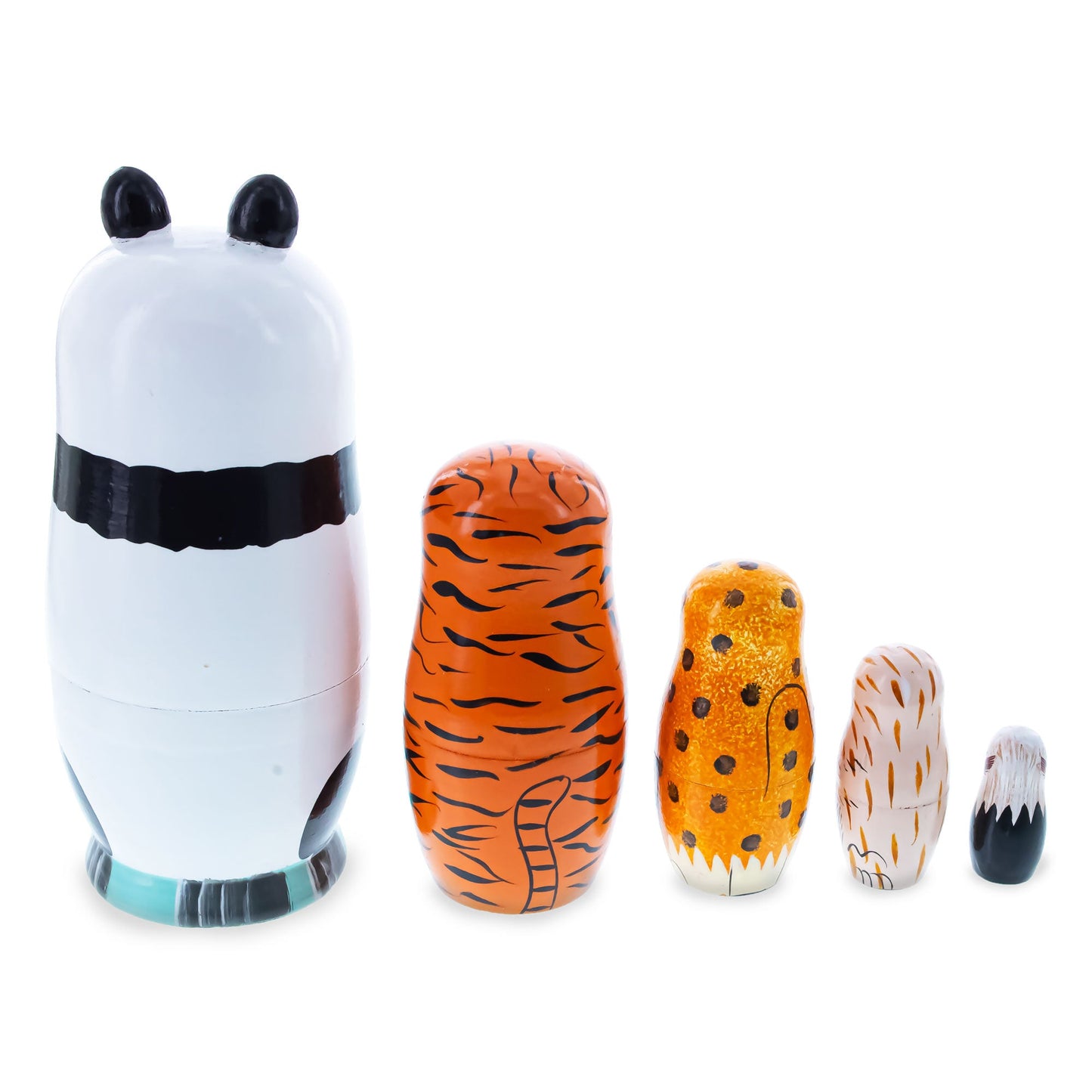 Panda, Tiger, Leopard, Monkey, Eagle Wooden Nesting Dolls