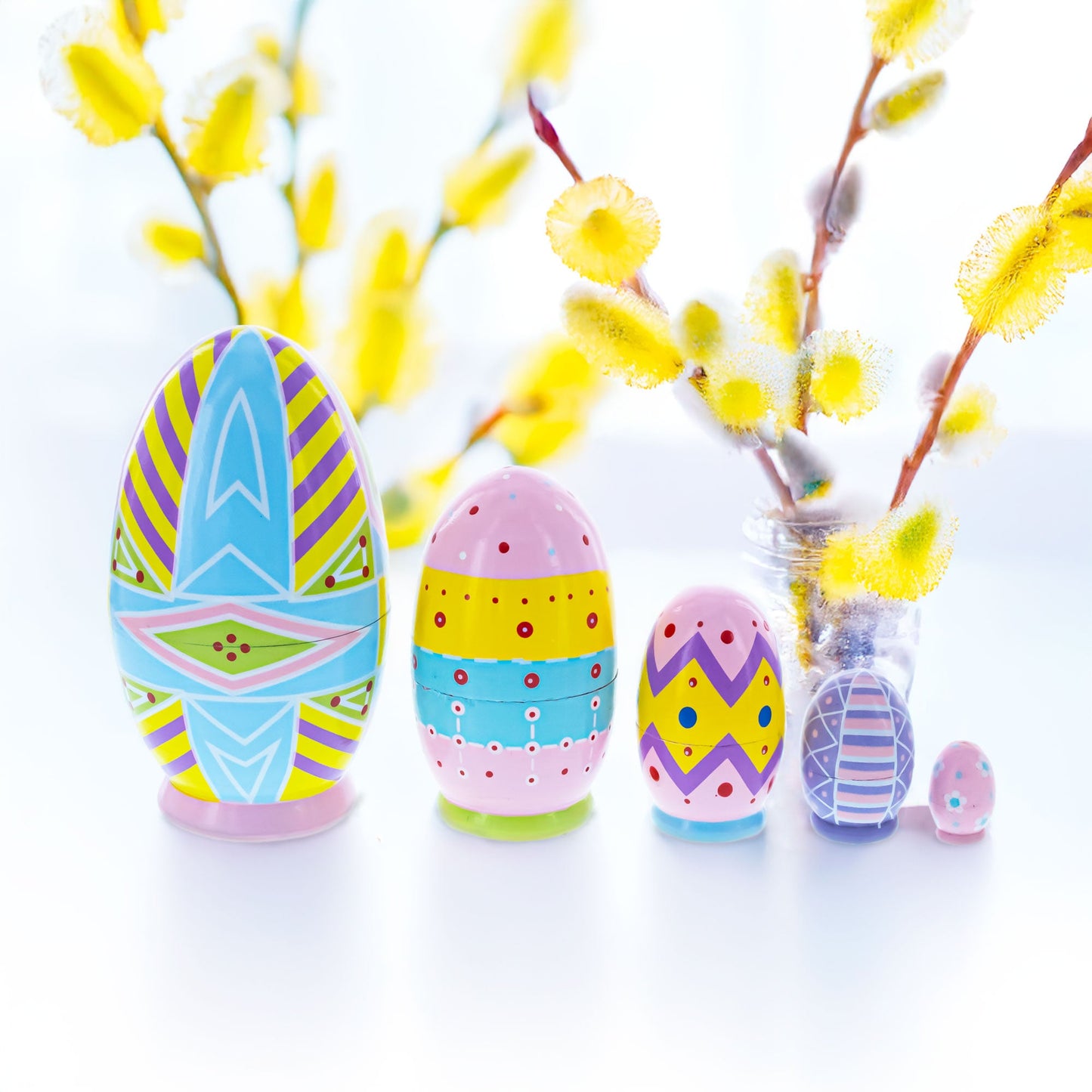 Set of 5 Ukrainian Style Easter Eggs Wooden Nesting Dolls 5 Inches
