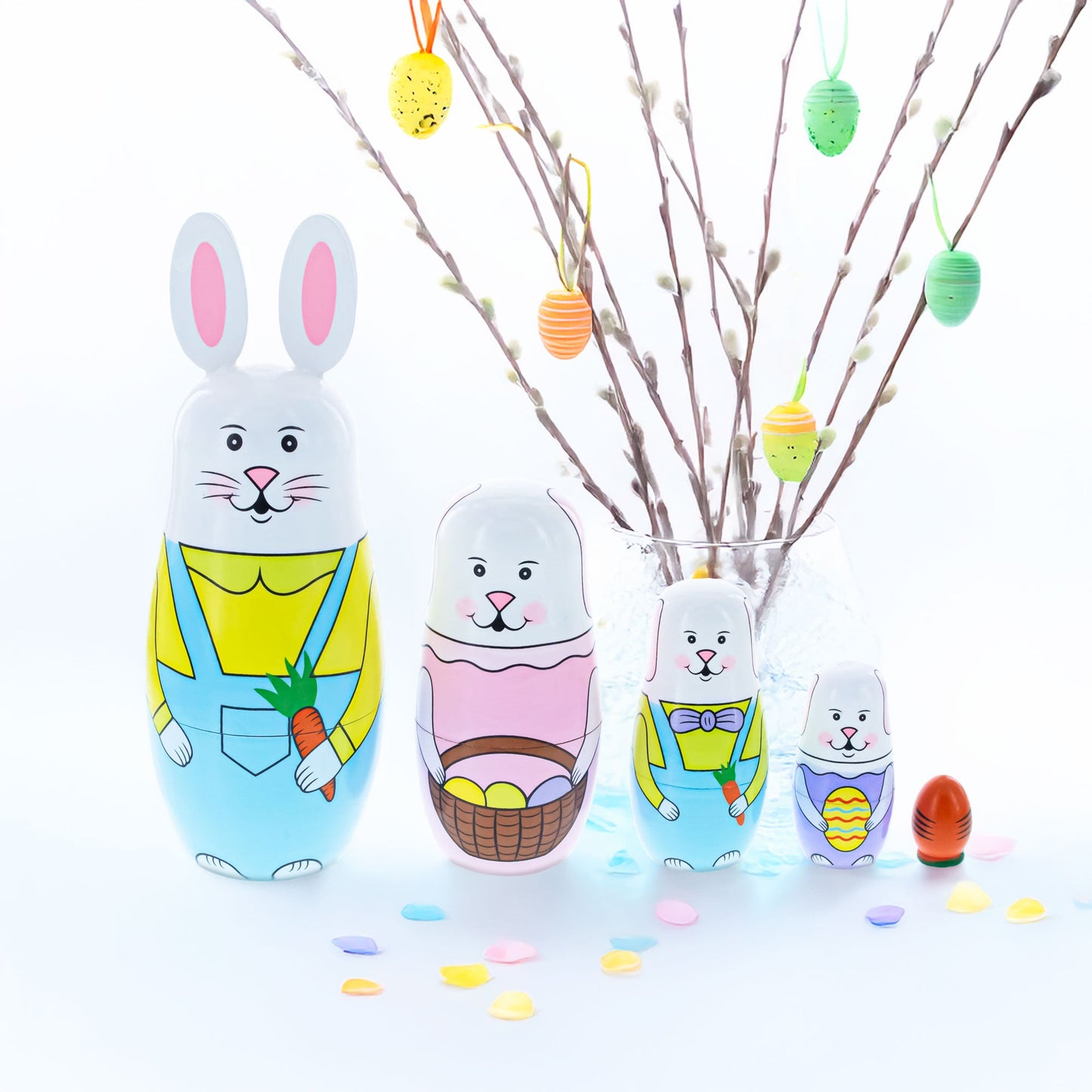 Set of 5 Bunnies Wooden Nesting Dolls 7 Inches Tall