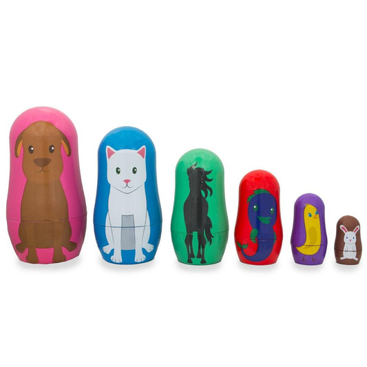 6 Animals: Dog, Cat, Horse, Fish, Chick, Bunny Plastic Nesting Dolls 4.5 Inches