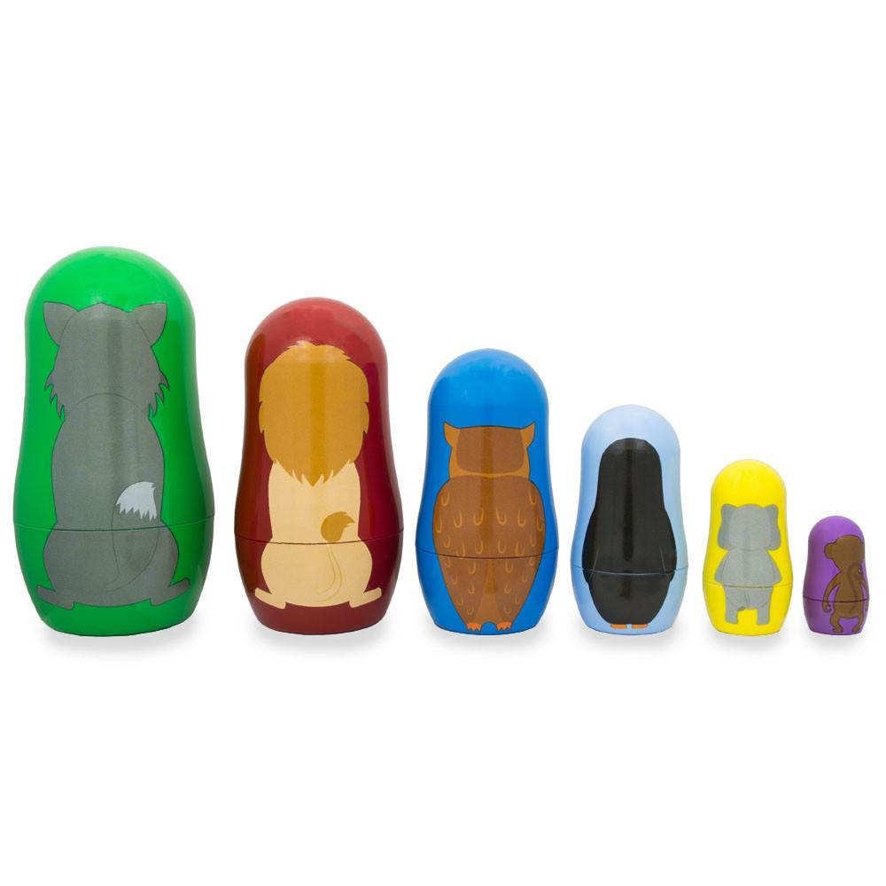 Set of 6 Wolf, Lion, Owl, Penguin Wild Animals Plastic Nesting Dolls 4.5 Inches