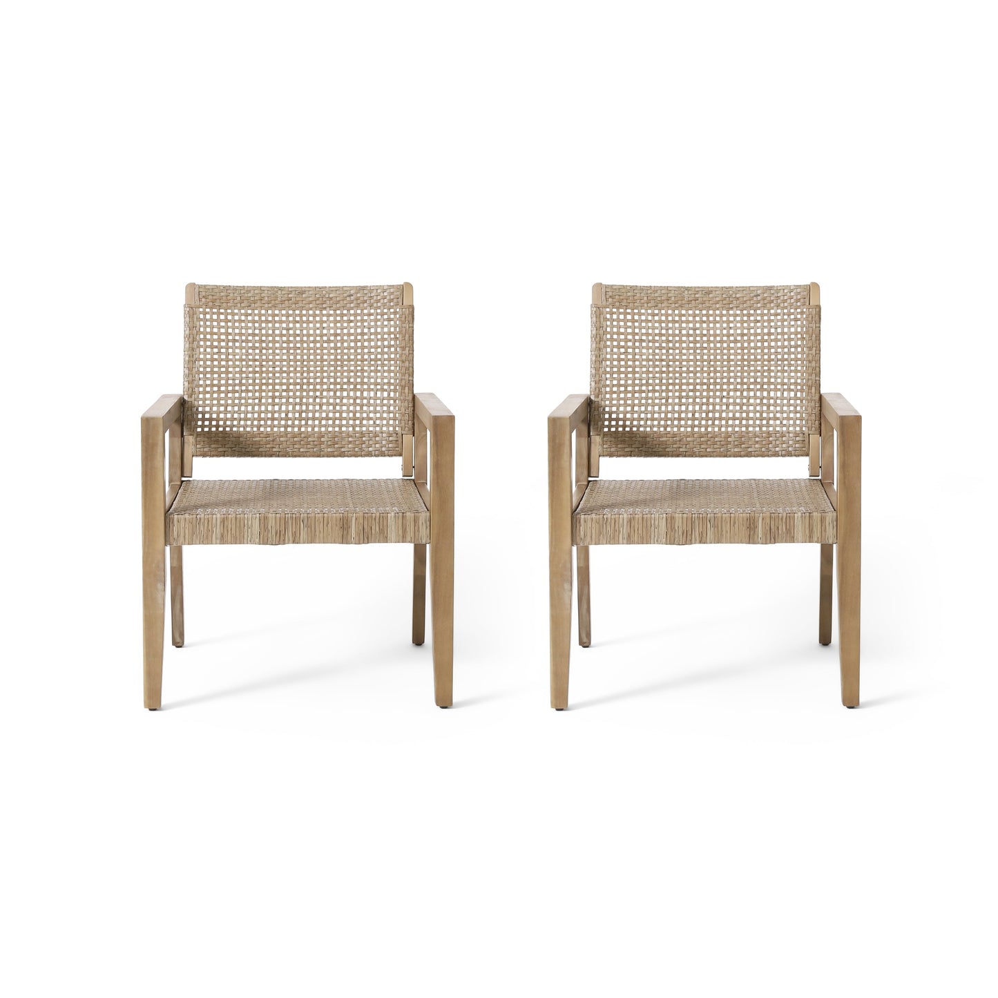 Outdoor Wicker and Acacia Wood Club Chairs, Set of 2