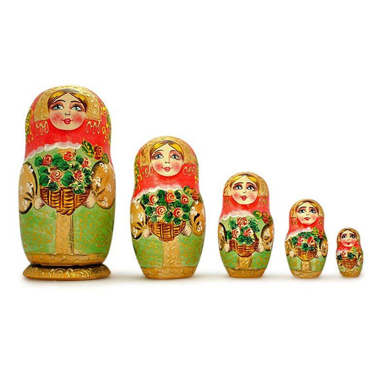 5 Girls with Basket Flowers Nesting Dolls  6.5 Inches