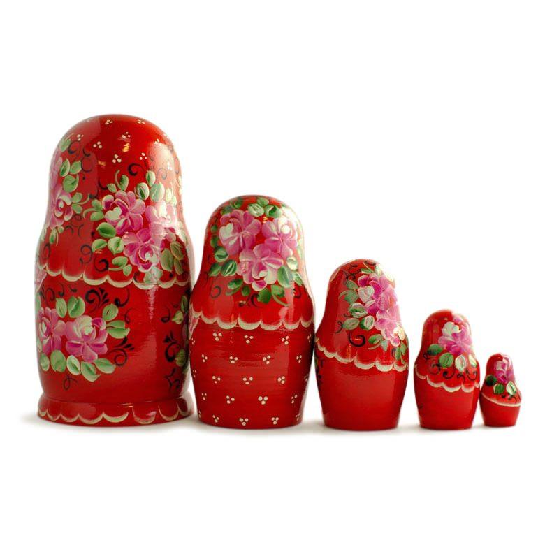 Set of Girls in Red Dress Wooden Nesting Dolls 7 Inches