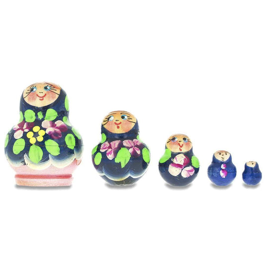 Set of 5 Miniature Blue Floral Nesting Dolls  1.75 Inches