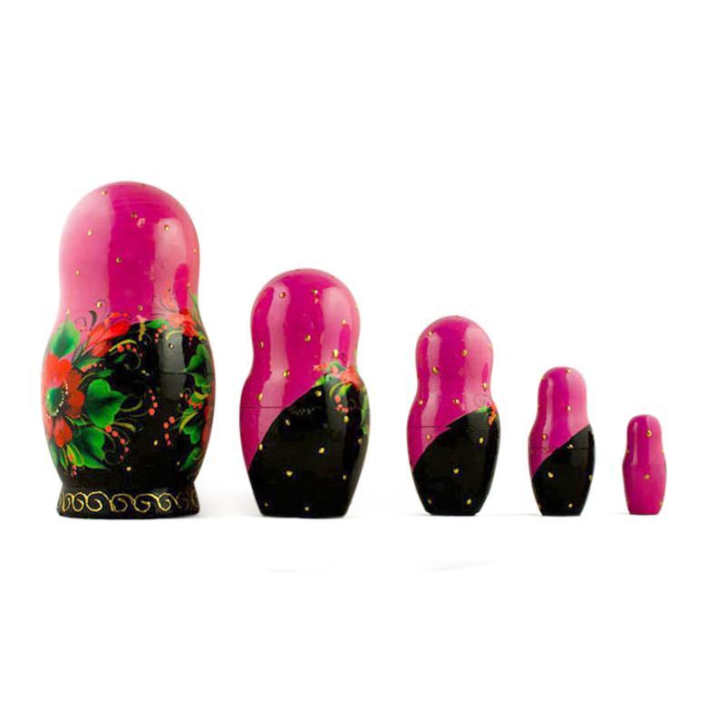 Set of 5 Pink Scarf with Poppy Flowers  Nesting Dolls 7 Inches