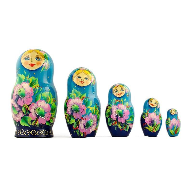 5 Turquoise Scarf with Poppy Flowers  Nesting Dolls 7 Inches