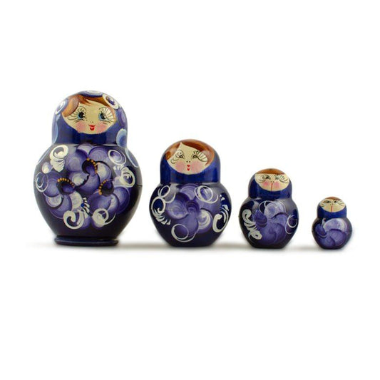Set of 4 Miniature Wooden Nesting Dolls Matryoshka in Blue Dress  3 Inches