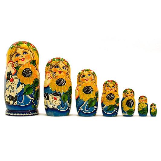 Set of 7 Girls with Cat in Blue Dress Nesting Dolls 8.5 Inches