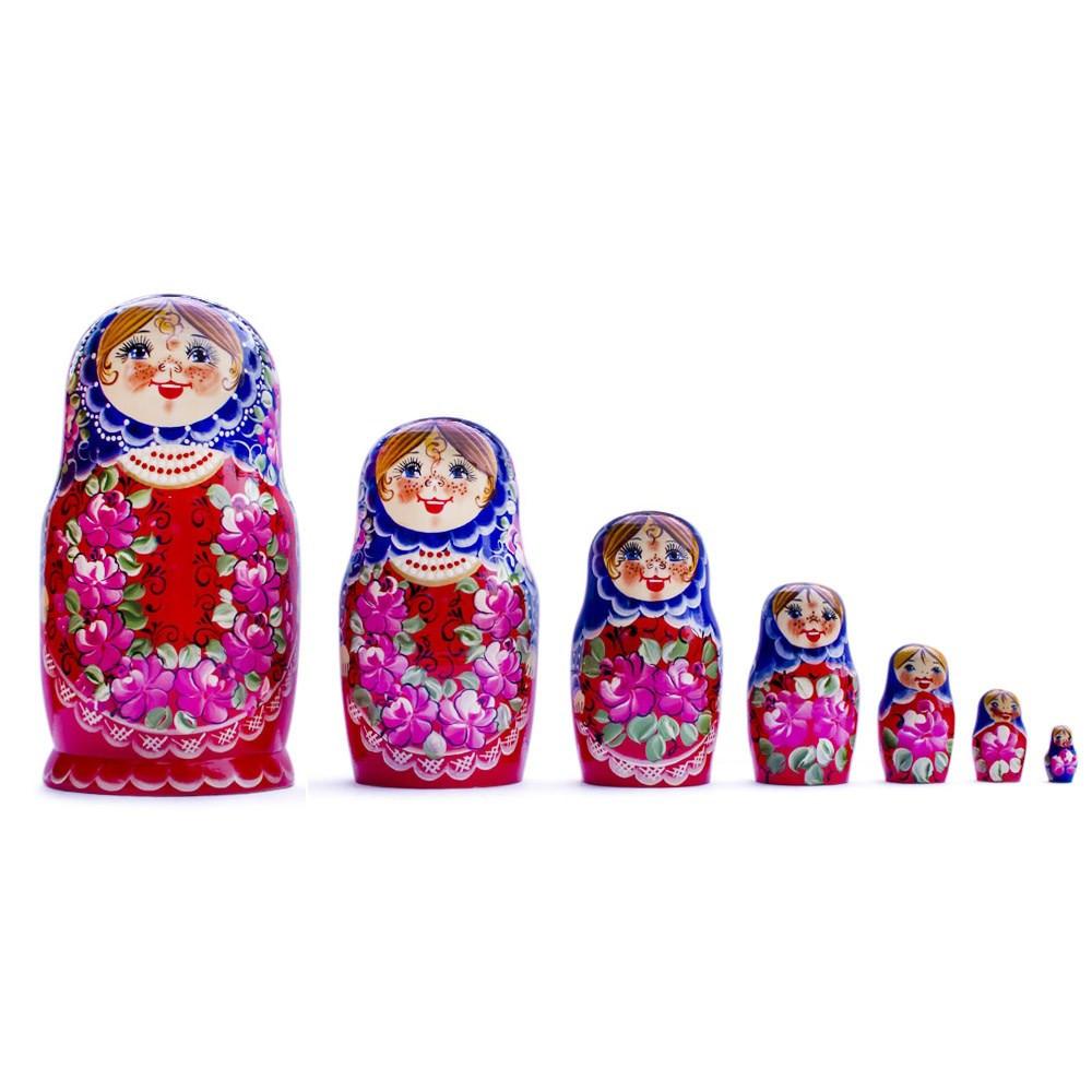 Set of 7 Blue Scarf Red Dress  Nesting Dolls 8.5 Inches