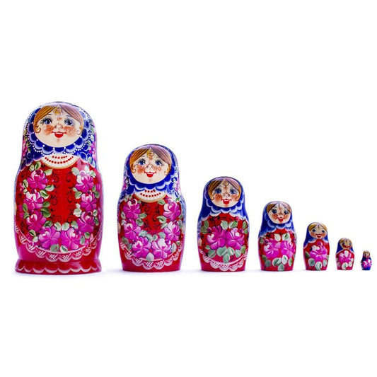 Set of 7 Blue Scarf Red Dress  Nesting Dolls 8.5 Inches