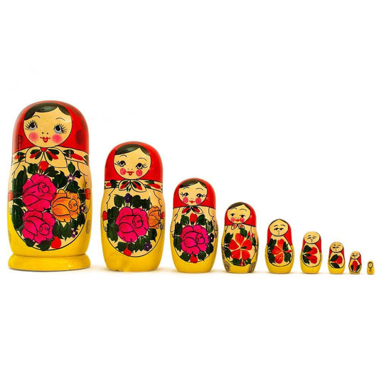 Set of 9 Traditional Semenov Wooden Nesting Dolls 10 Inches