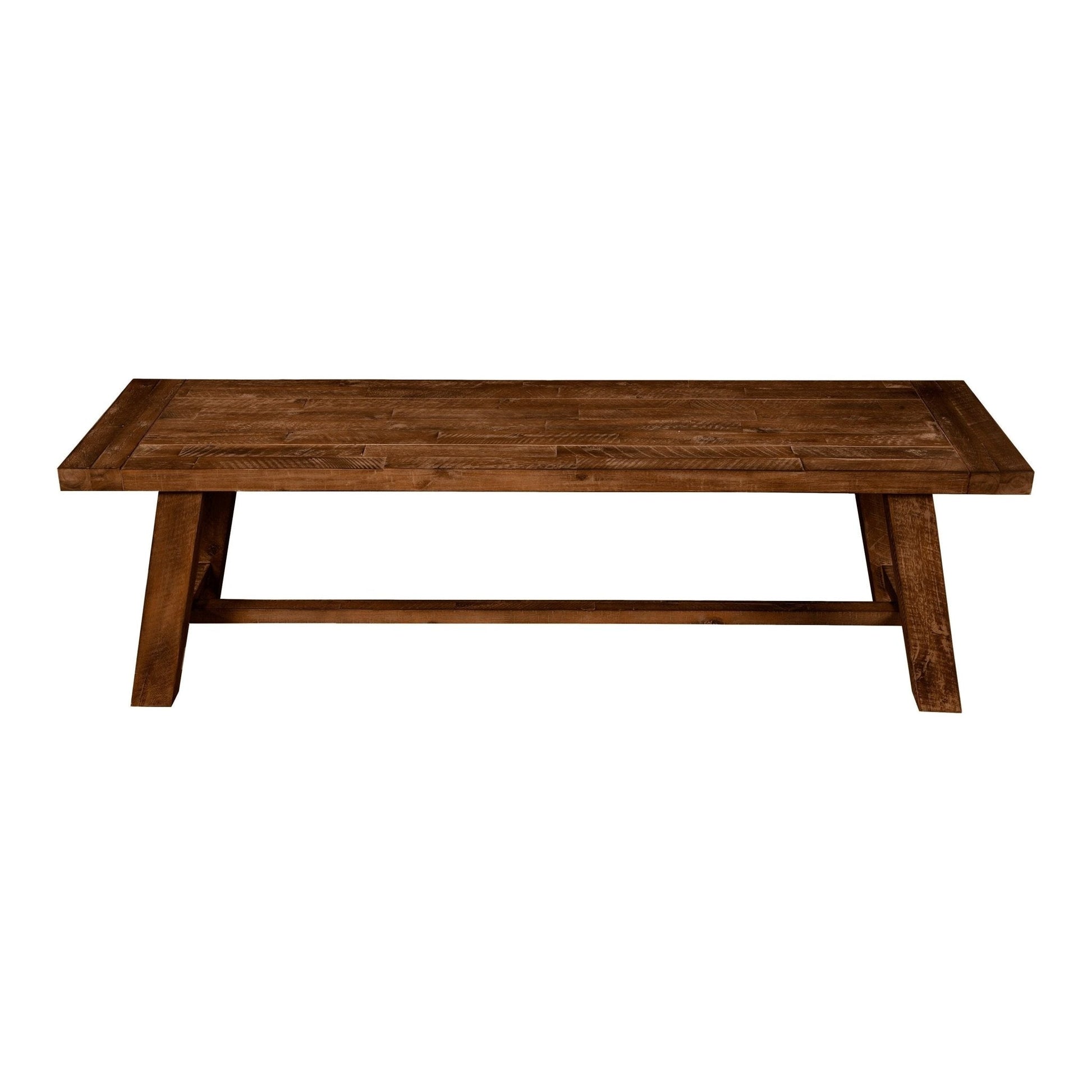 Newberry Bench in medium brown distressed wood, designed for rustic elegance and extra seating in dining rooms.