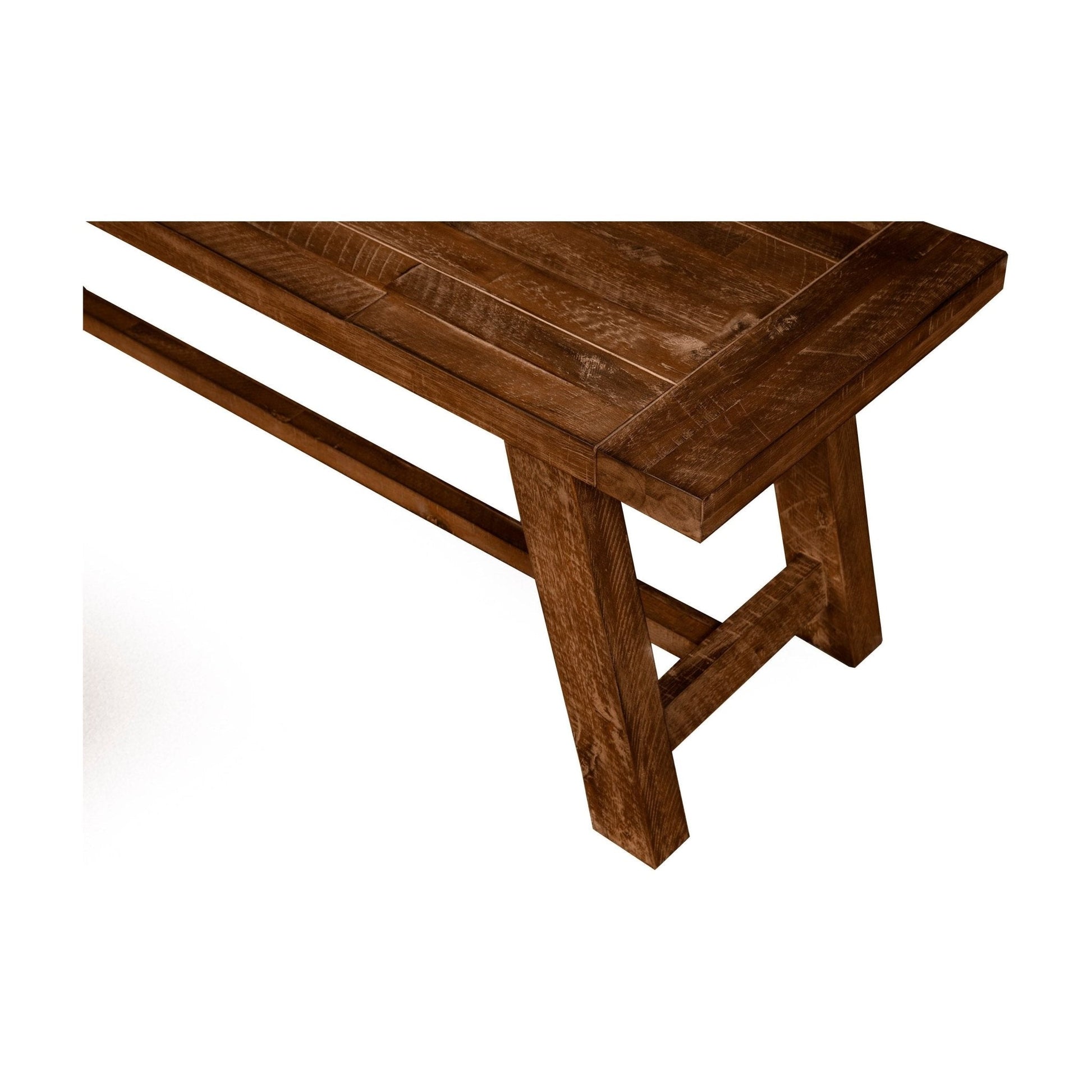 Newberry Bench medium brown distressed wood with sturdy leg design for rustic dining elegance