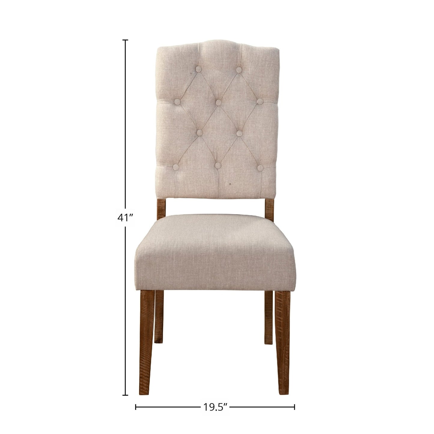 Newberry Side Chairs featuring a button-tufted back, medium brown legs, and dimensions of 41" height and 19.5" width.