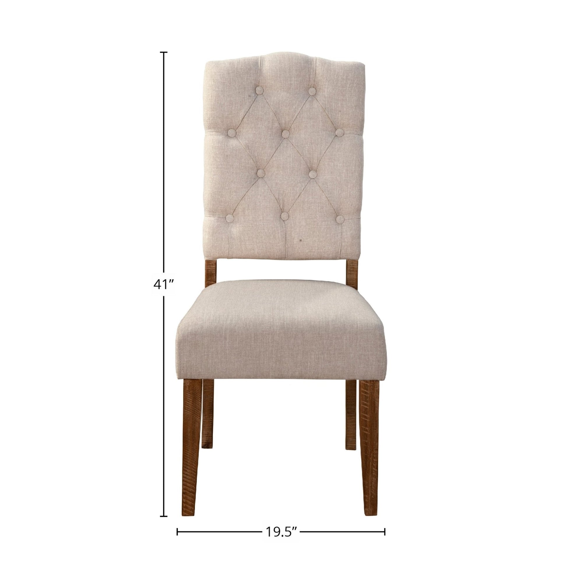 Newberry Side Chairs featuring a button-tufted back, medium brown legs, and dimensions of 41" height and 19.5" width.