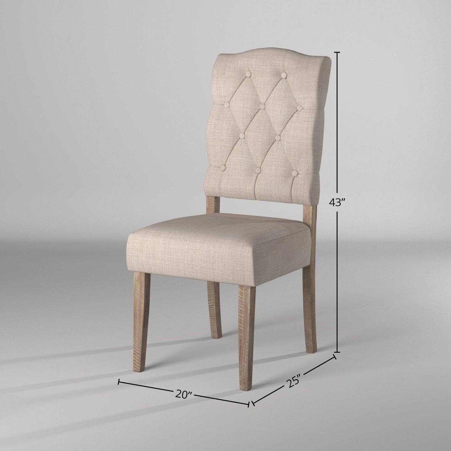 Newberry Side Chairs with weathered wood legs and tufted cream fabric, showcasing dimensions for dining space.