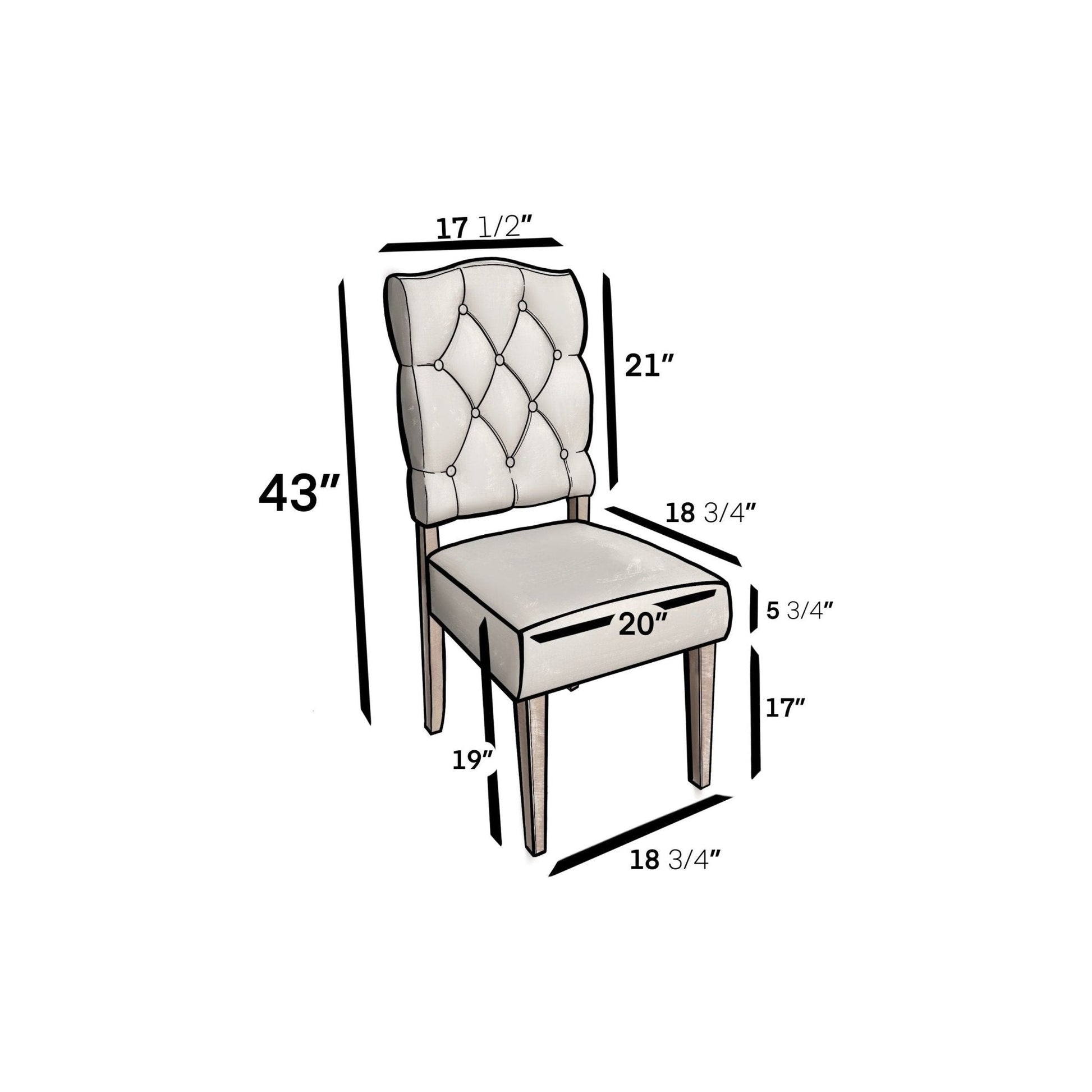 Newberry Side Chairs dimensions diagram featuring tufted back and weathered wood legs.