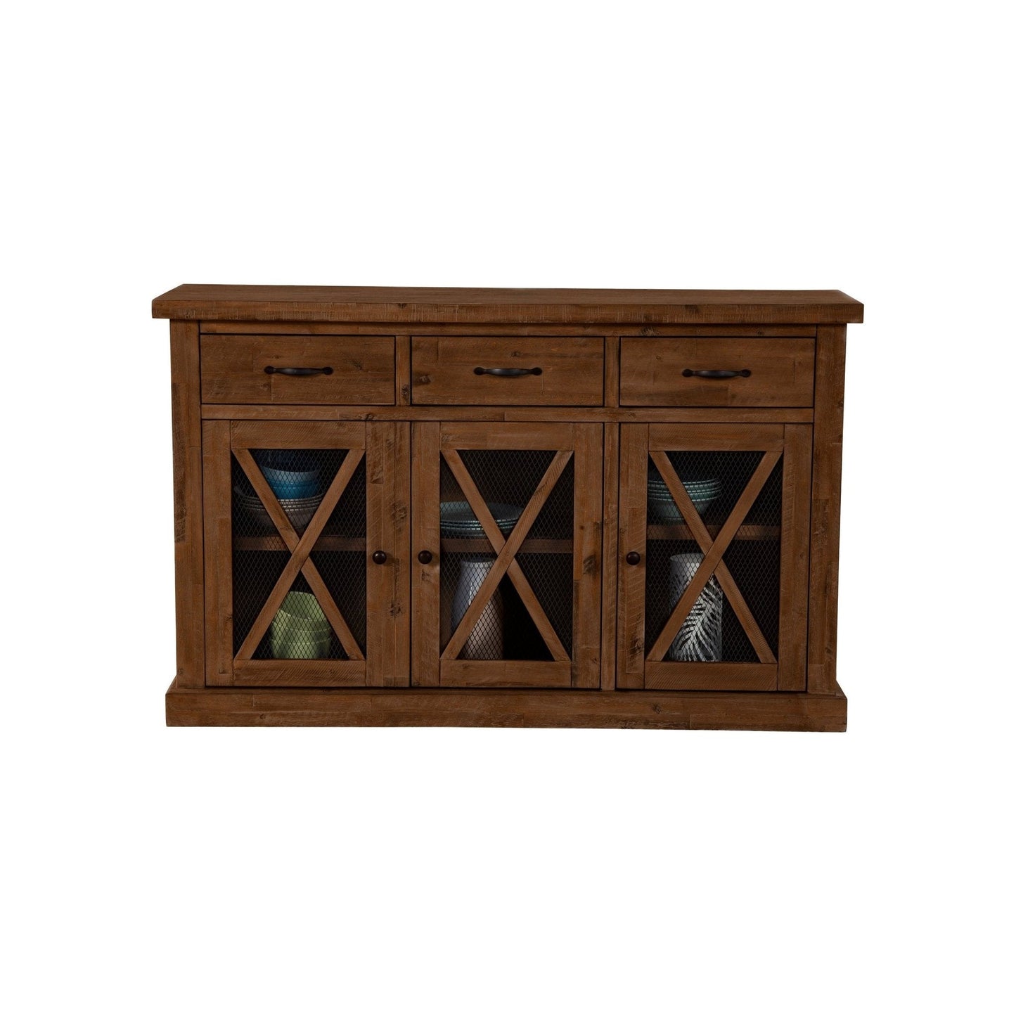 Newberry Sideboard in medium brown wood with glass-paneled cabinets and three top drawers.