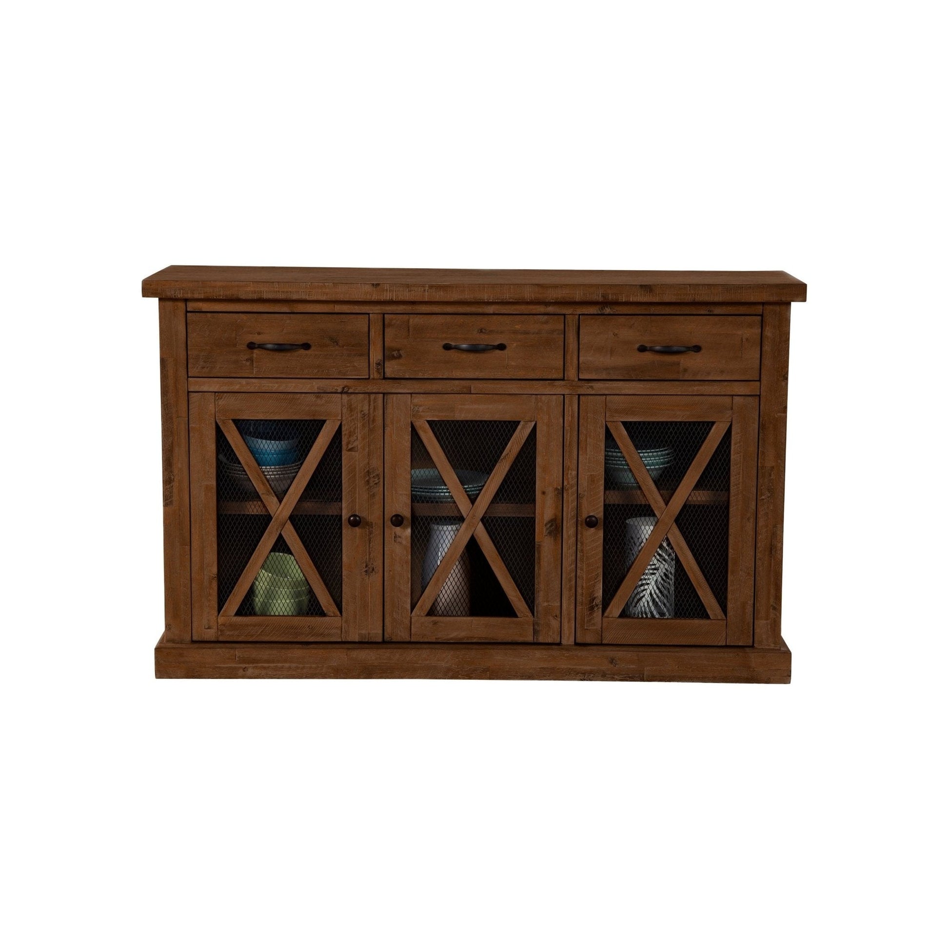 Newberry Sideboard in medium brown wood with glass-paneled cabinets and three top drawers.