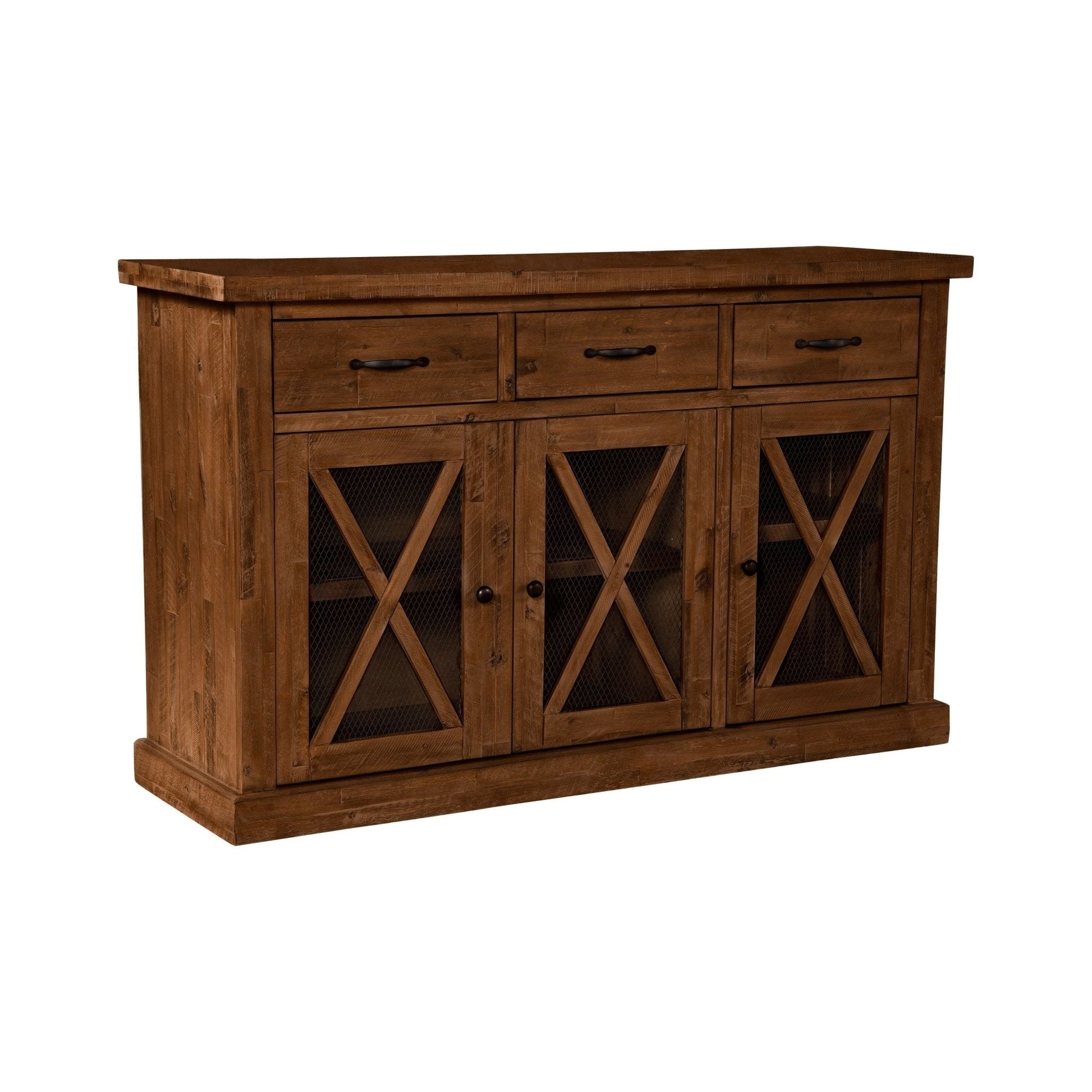 Newberry Sideboard in medium brown distressed salvaged wood, showcasing rustic elegance and extra storage for dining.