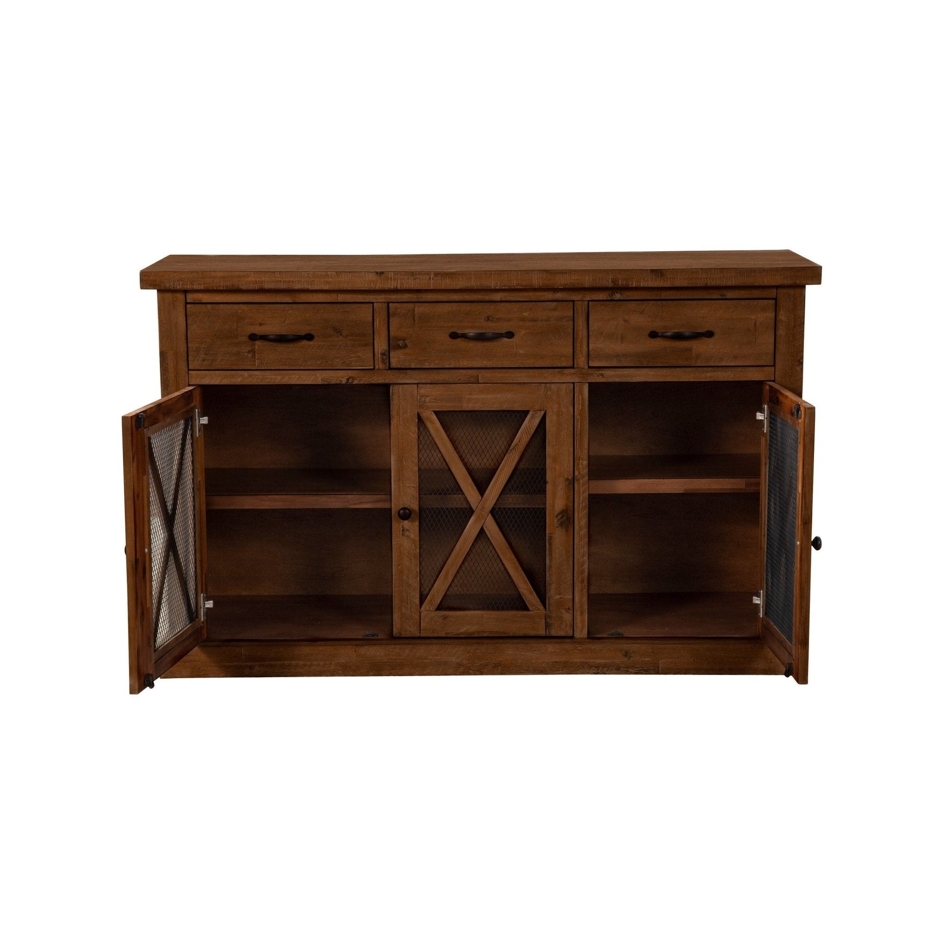 Newberry Sideboard in medium brown with distressed wood finish and open storage compartments.