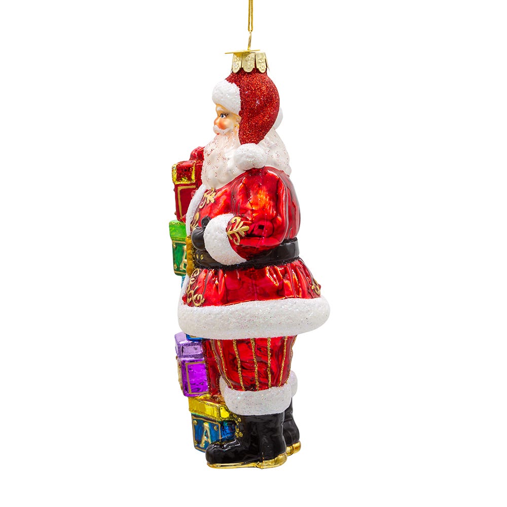 Bellissimo Glass Santa With Gift Boxes Ornament