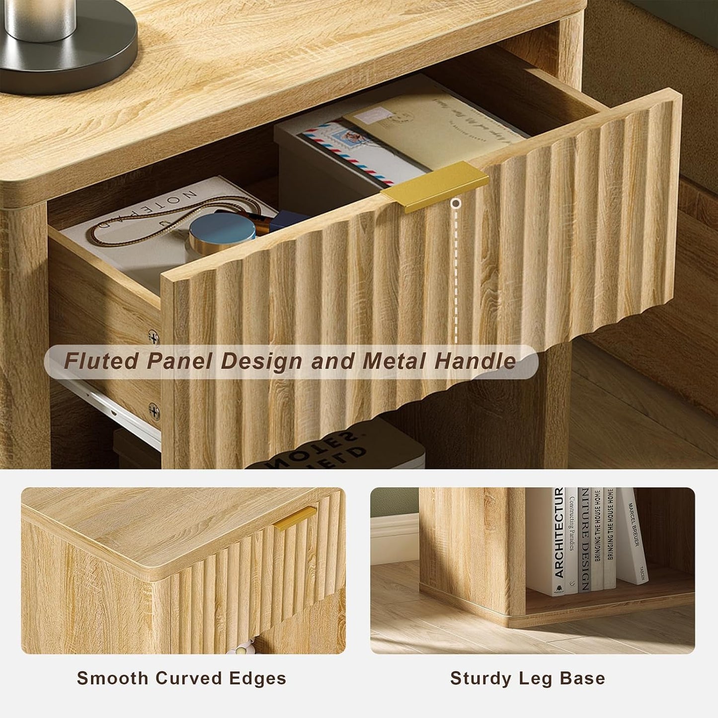 Yanosaku NS001-NR Fluted Nightstands with LED & Charging Station, Drawer Side Tables, Oak