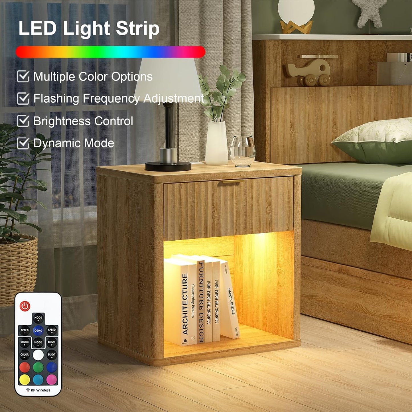 Yanosaku NS001-NR Fluted Nightstands with LED & Charging Station, Drawer Side Tables, Oak
