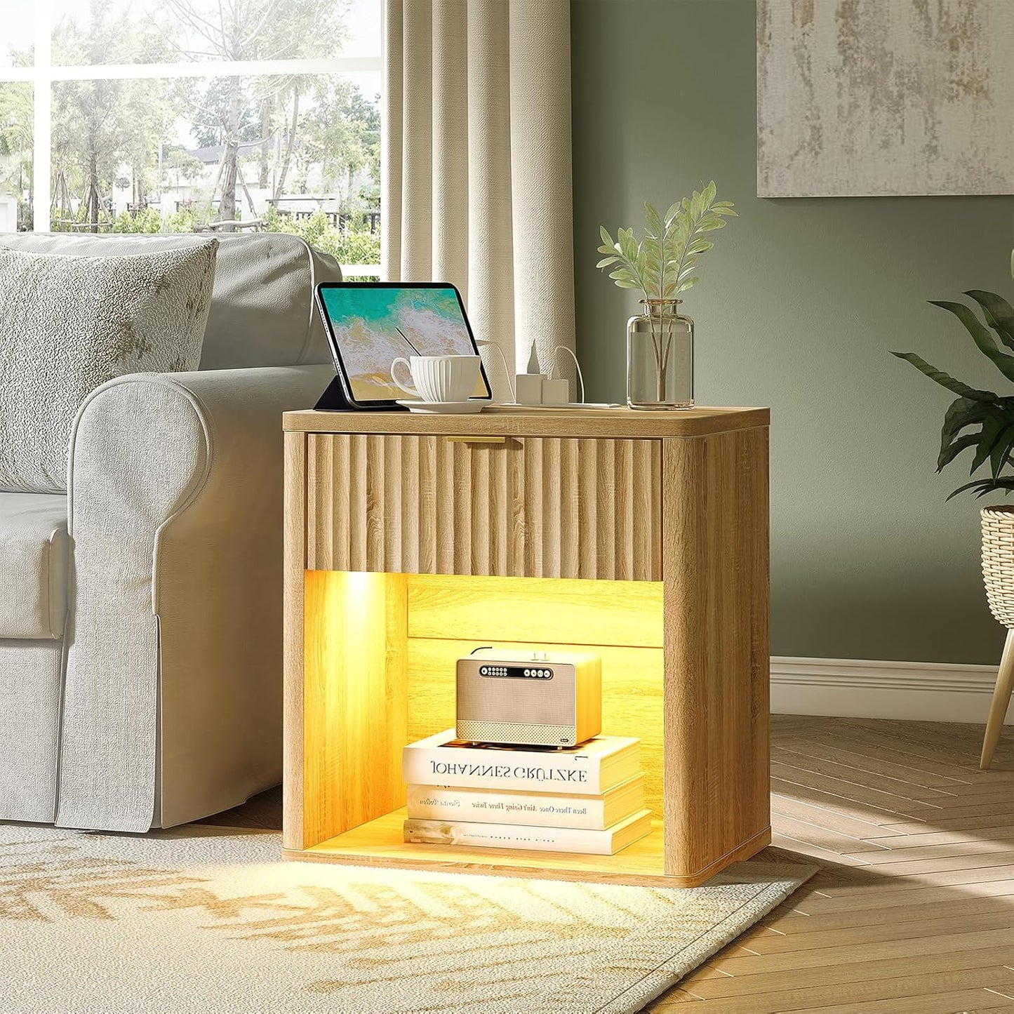 Yanosaku NS001-NR Fluted Nightstands with LED & Charging Station, Drawer Side Tables, Oak