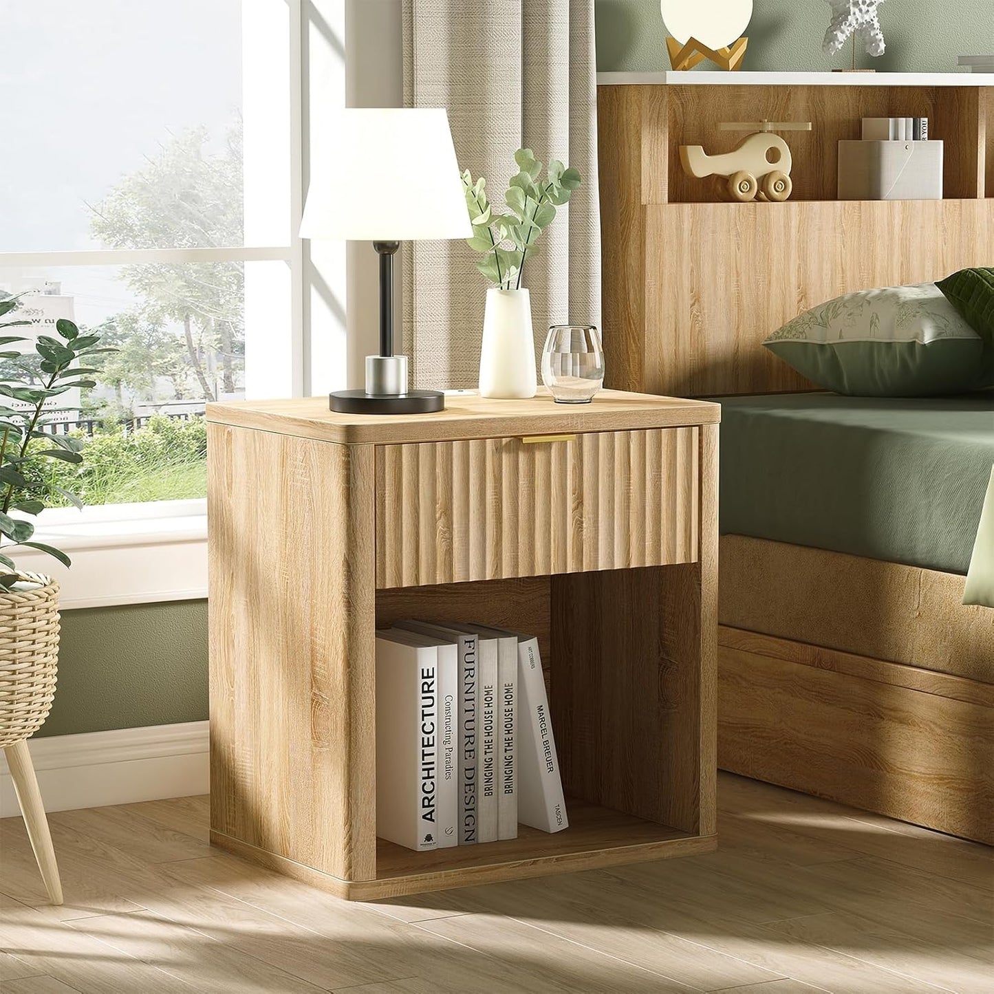 Yanosaku NS001-NR Fluted Nightstands with LED & Charging Station, Drawer Side Tables, Oak