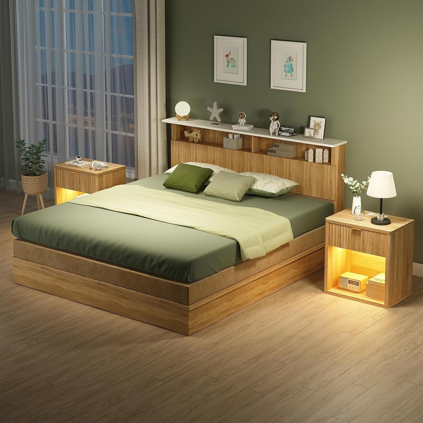 Yanosaku NS001-NR Fluted Nightstands with LED & Charging Station, Drawer Side Tables, Oak