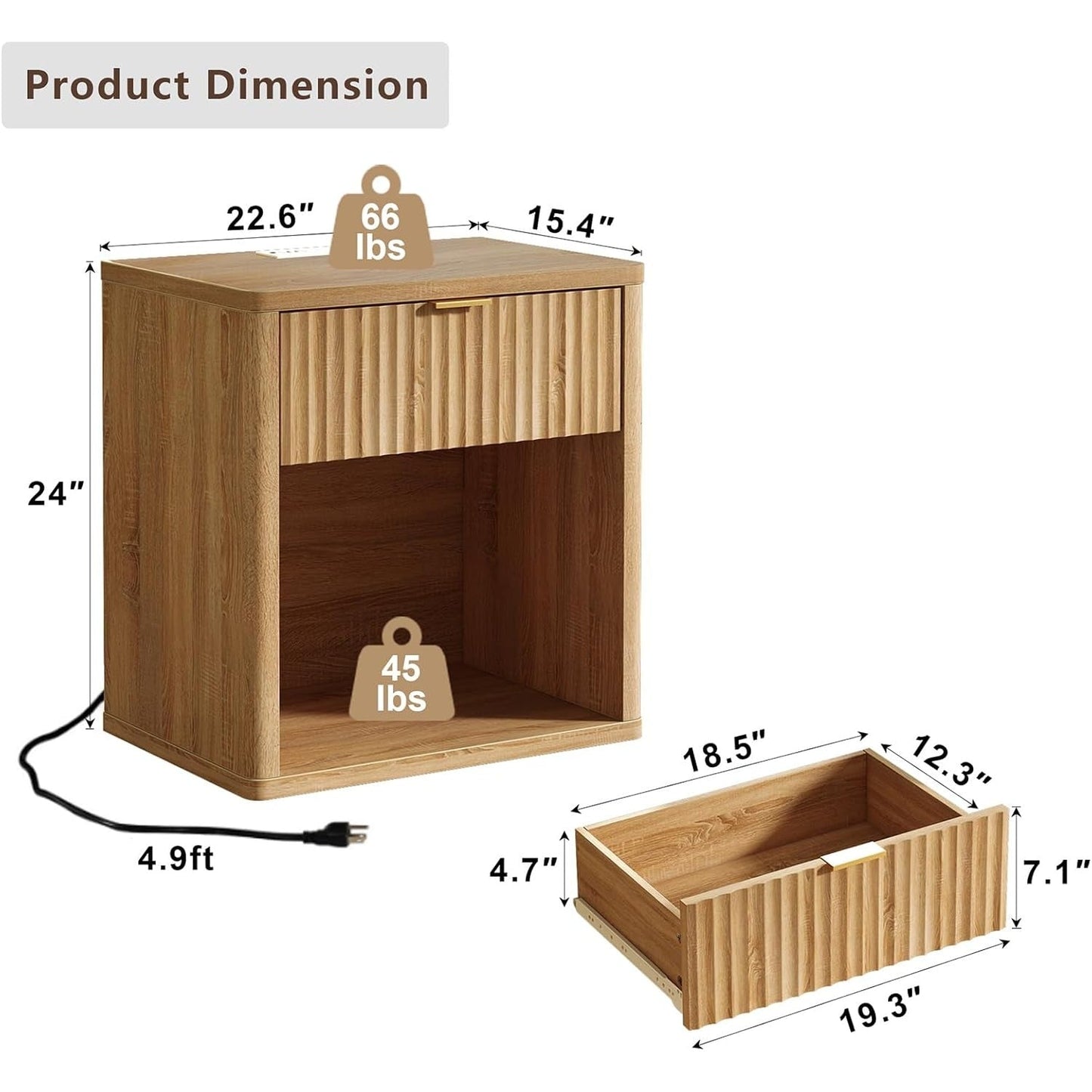 Yanosaku NS001-NR Fluted Nightstands with LED & Charging Station, Drawer Side Tables, Oak