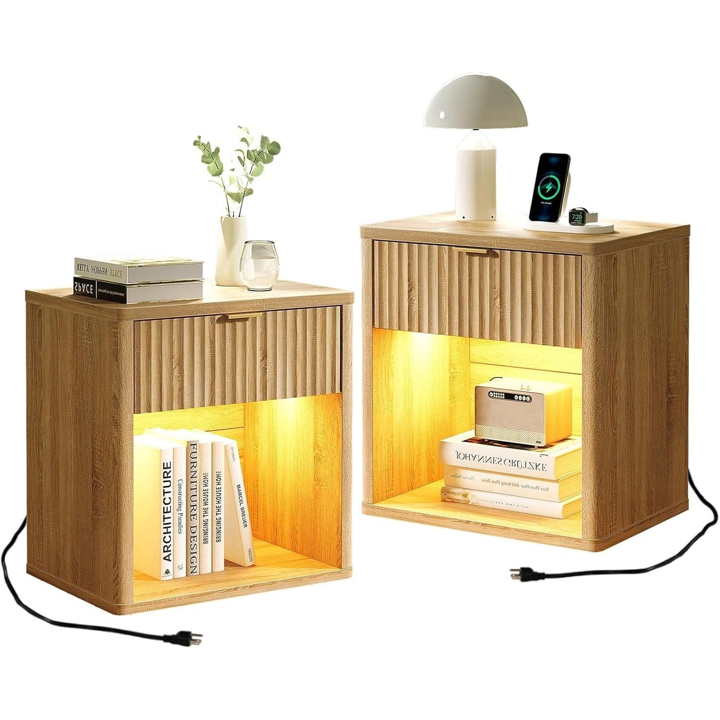 Yanosaku NS001-NR Fluted Nightstands with LED & Charging Station, Drawer Side Tables, Oak