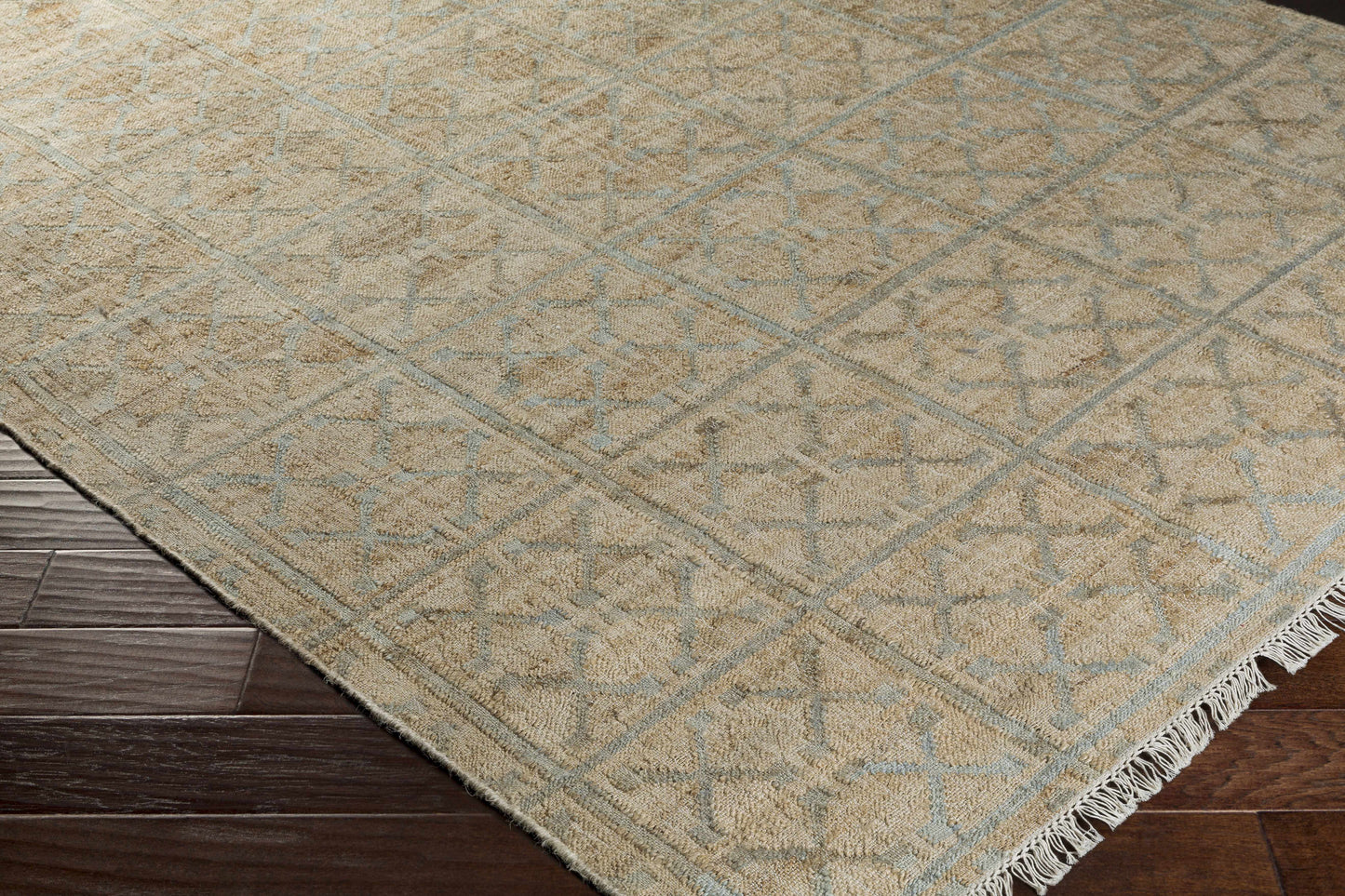 Rice Dusty Sage Fringed Jute Carpet