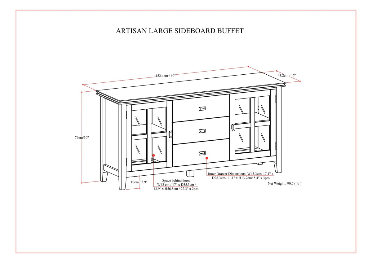 Artisan 60 Inch Wide Solid Wood Large Sideboard Buffet in Russet