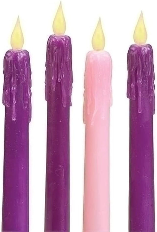 LED Advent Candle Set - 10 Inch - 4-piece features four candles with lighting, three purple and one pink.