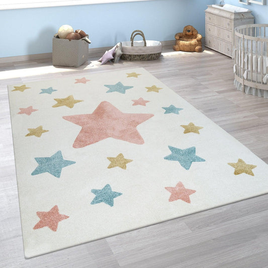 Nursery Rug for Kids Colorful Pastel Stars in Cream