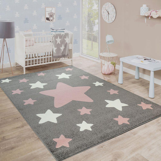 Nursery Rug for Kids in Grey with Pink White Pastel Stars