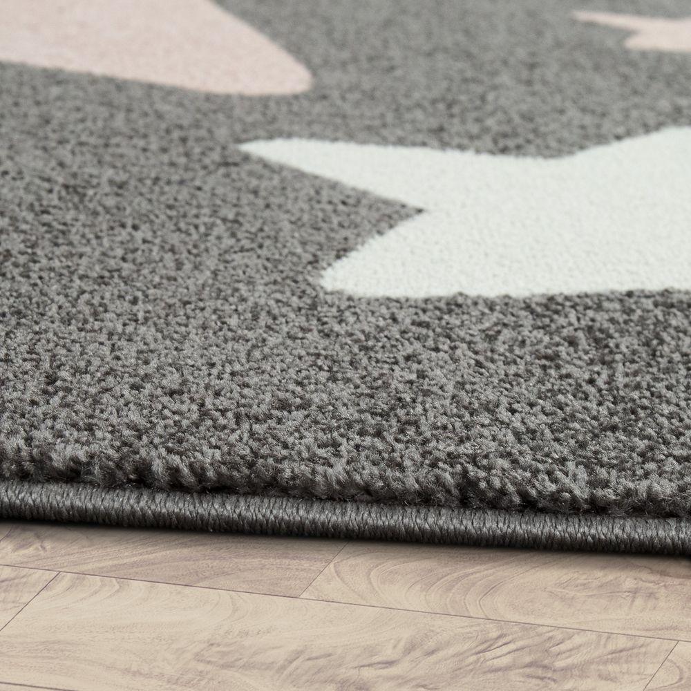 Nursery Rug for Kids in Grey with Pink White Pastel Stars