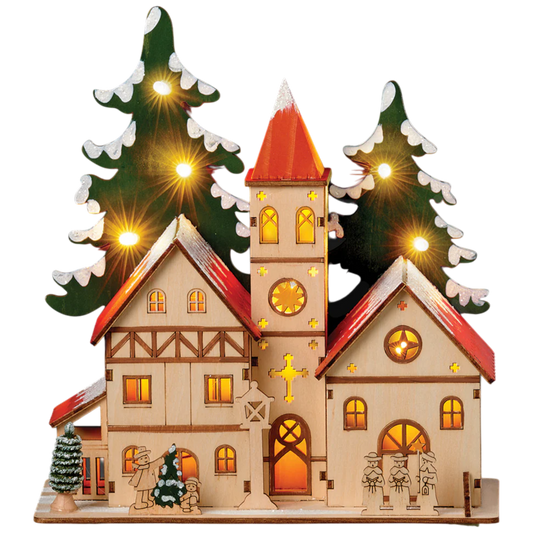 Lighted Wooden Church with Tree & Carolers