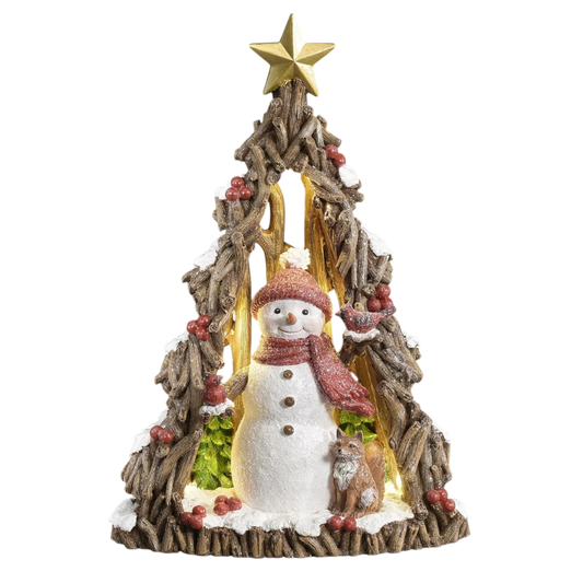 Lighted Tree  And Red Snowman With Fox Cutout