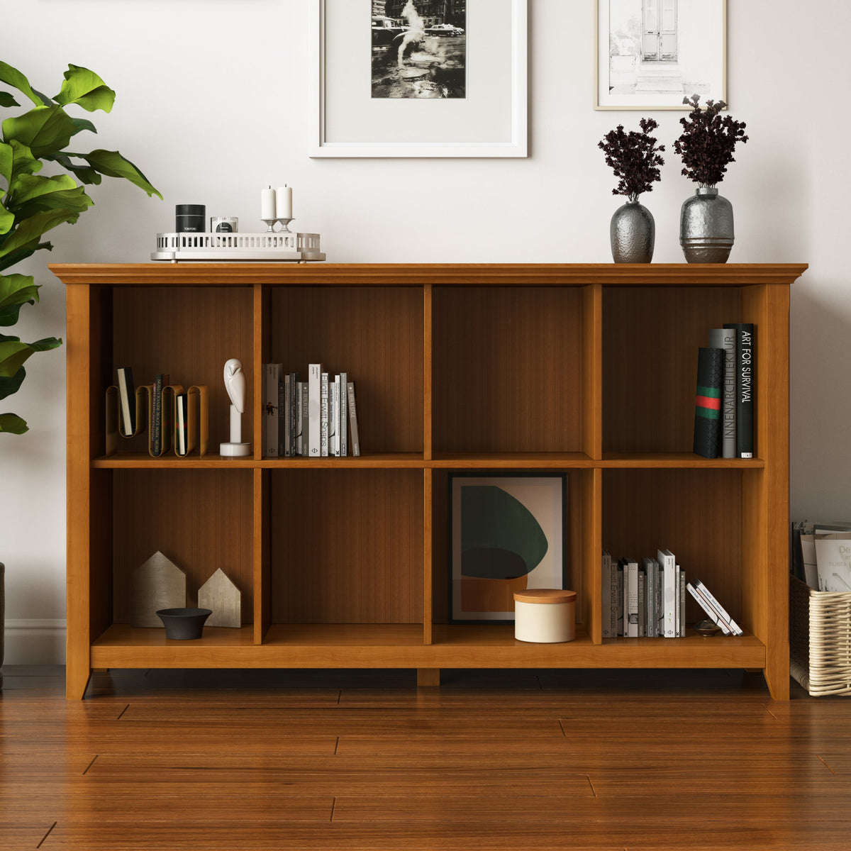 Acadian 57 inch Wide Solid Wood 8 Cube Storage Sofa Table in Light Golden