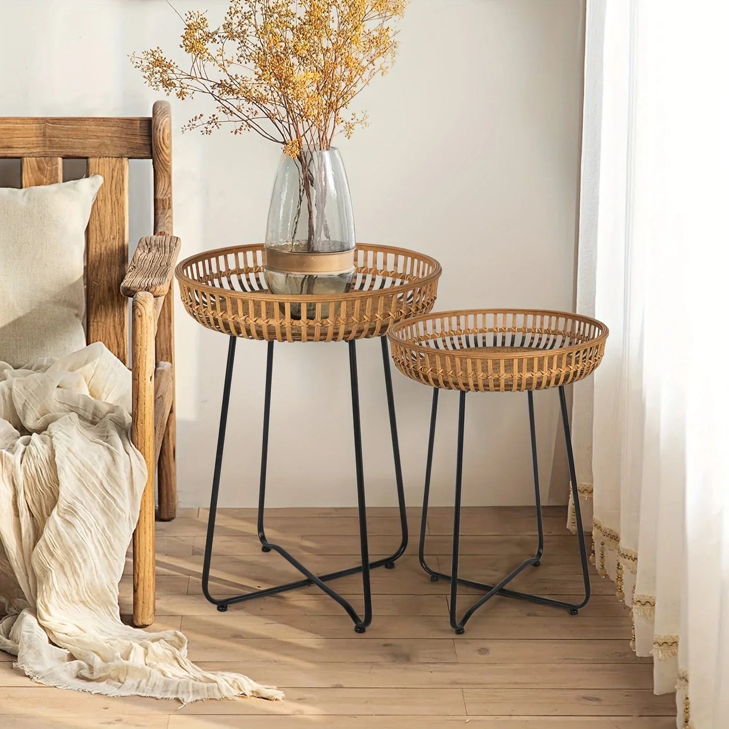 Oakrian Rattan Side Table Nesting Tables Set Of 2, Bamboo Round Table Coffee Table Metal Base End Table for Boho Living Room, Sofa, Bedroom, Terrace, Accent Table(20.47inch)