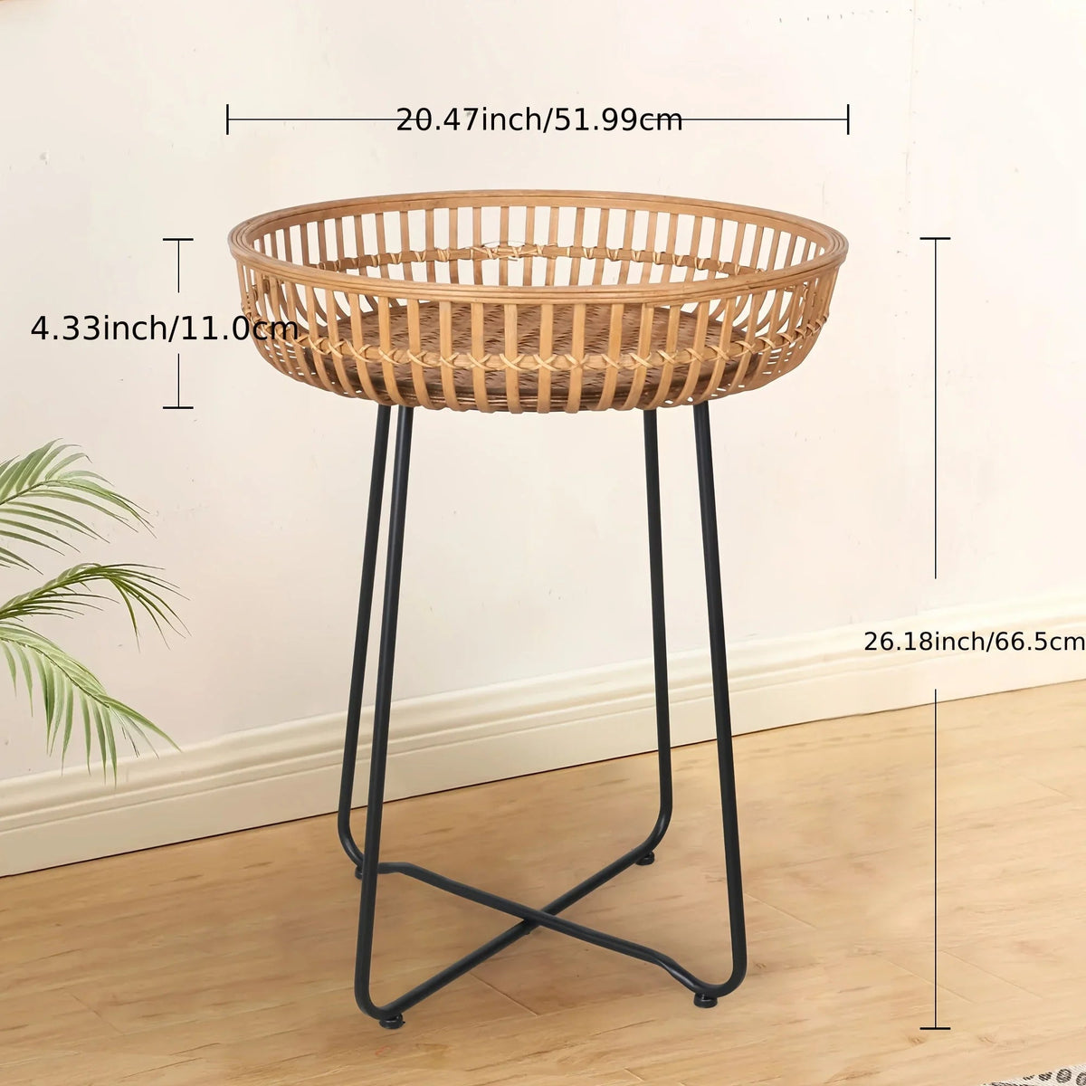 Oakrian Rattan Side Table Nesting Tables Set Of 2, Bamboo Round Table Coffee Table Metal Base End Table for Boho Living Room, Sofa, Bedroom, Terrace, Accent Table(20.47inch)