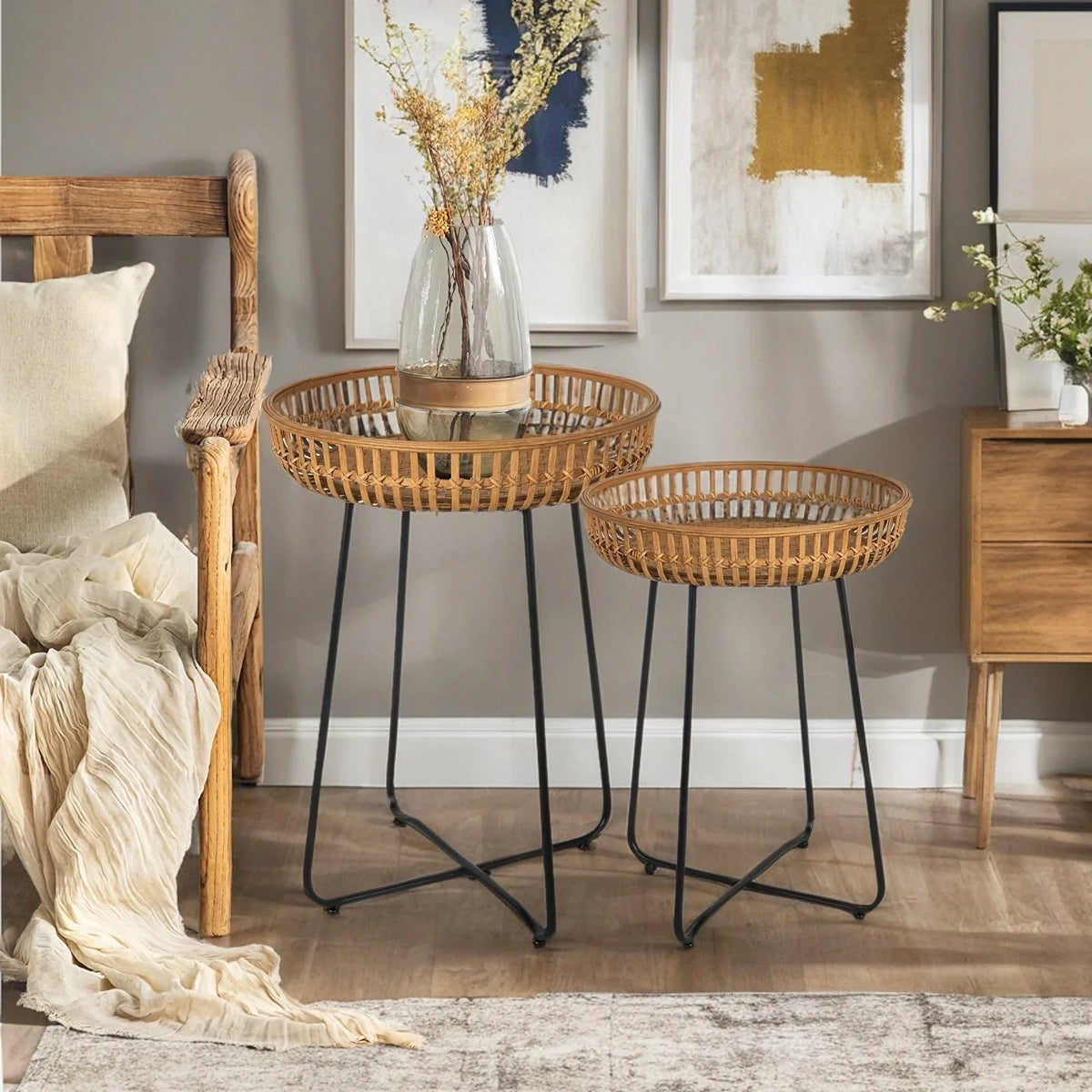 Oakrian Rattan Side Table Nesting Tables Set Of 2, Bamboo Round Table Coffee Table Metal Base End Table for Boho Living Room, Sofa, Bedroom, Terrace, Accent Table(20.47inch)