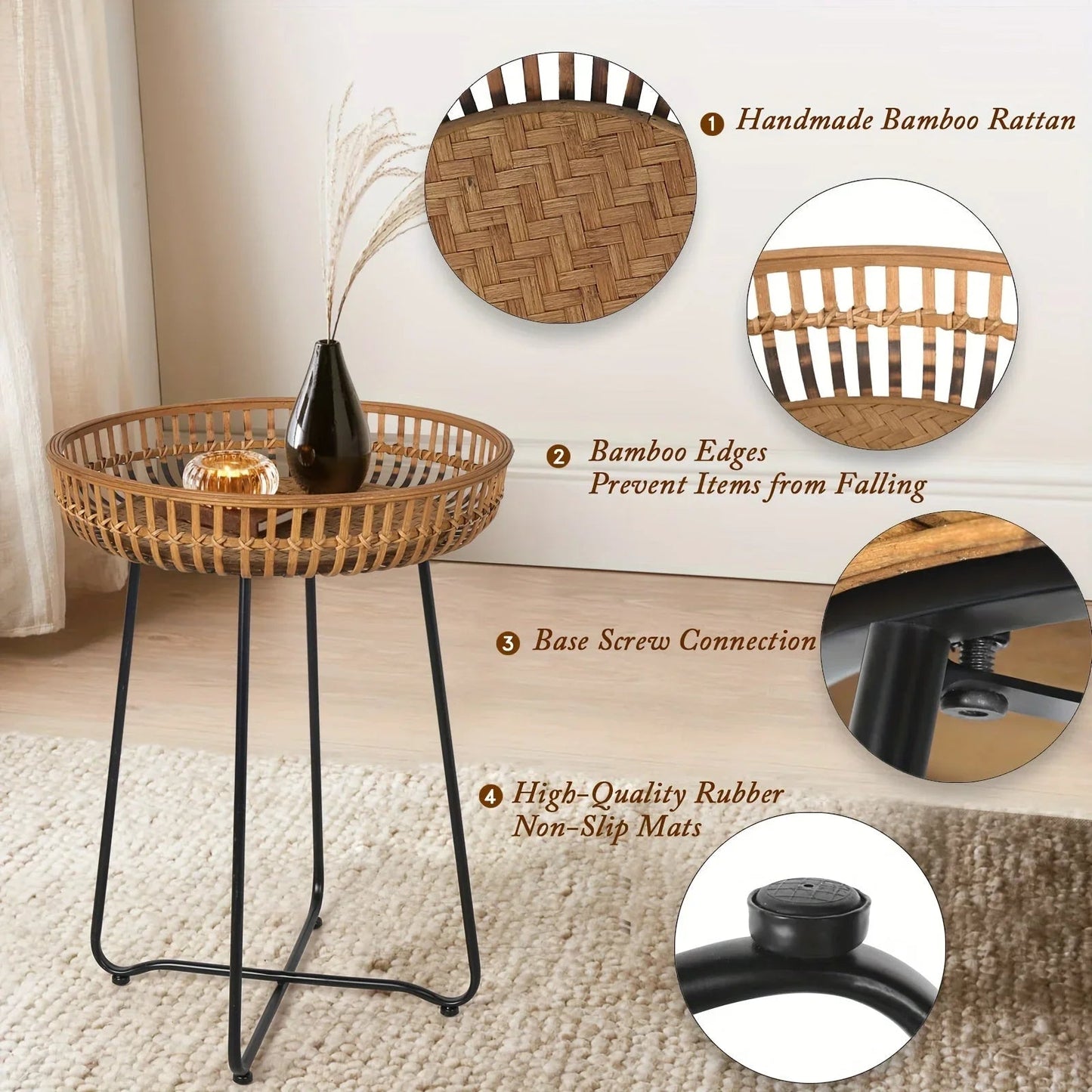 Oakrian Rattan Side Table Nesting Tables Set Of 2, Bamboo Round Table Coffee Table Metal Base End Table for Boho Living Room, Sofa, Bedroom, Terrace, Accent Table(20.47inch)
